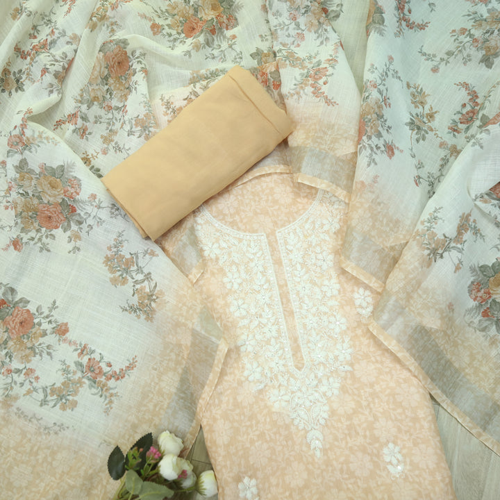 Roop Light Peach Thread Work Embroidery Neck Cotton Linen Suit Set