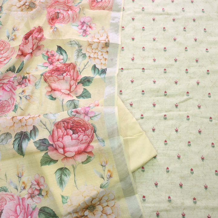 Deedar Pineapple Yellow Floral Embroidery Buti Work Cotton Linen Suit Set