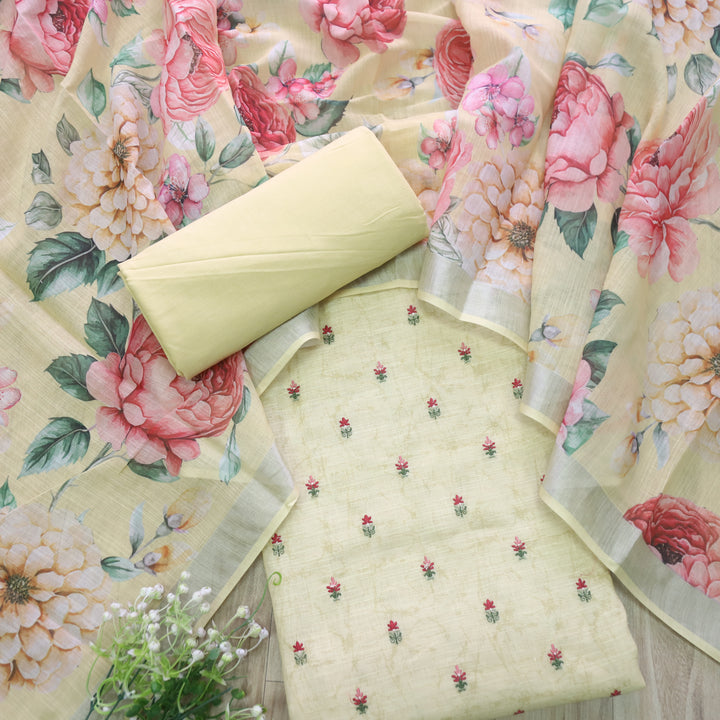 Deedar Pineapple Yellow Floral Embroidery Buti Work Cotton Linen Suit Set
