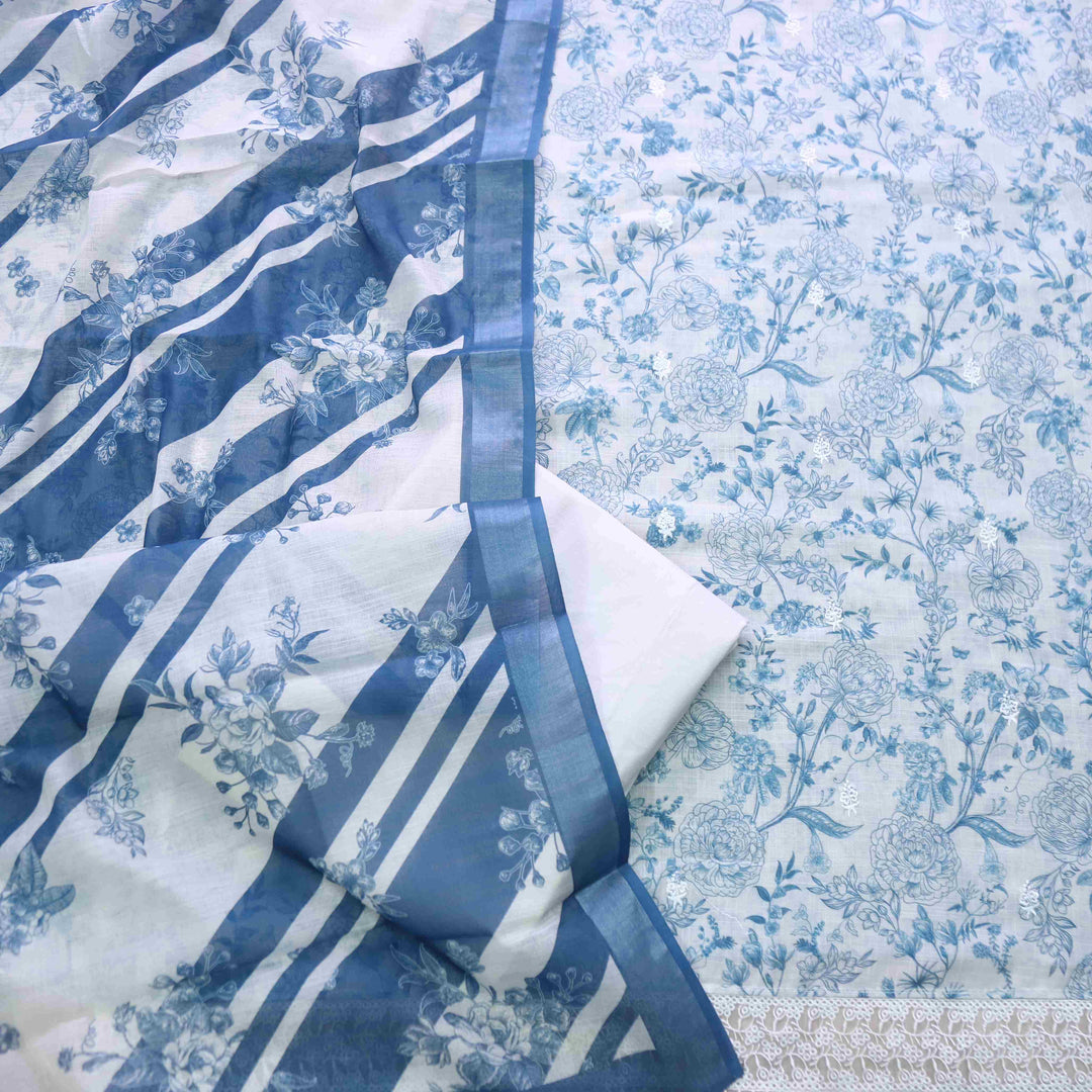 Sahiba White with Blue Floral Digital Printed Cotton Linen Suit Set