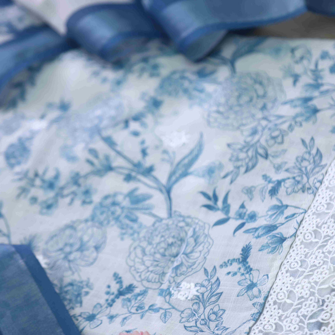 Sahiba White with Blue Floral Digital Printed Cotton Linen Suit Set