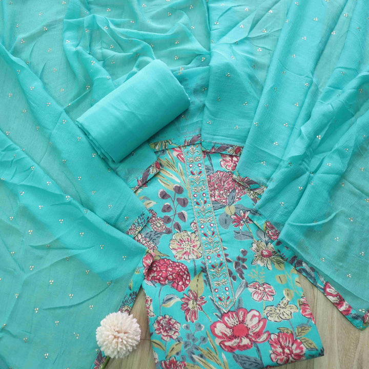 Guzaarish Aqua Blue Patch Work Neck Floral Printed Cotton Suit Set