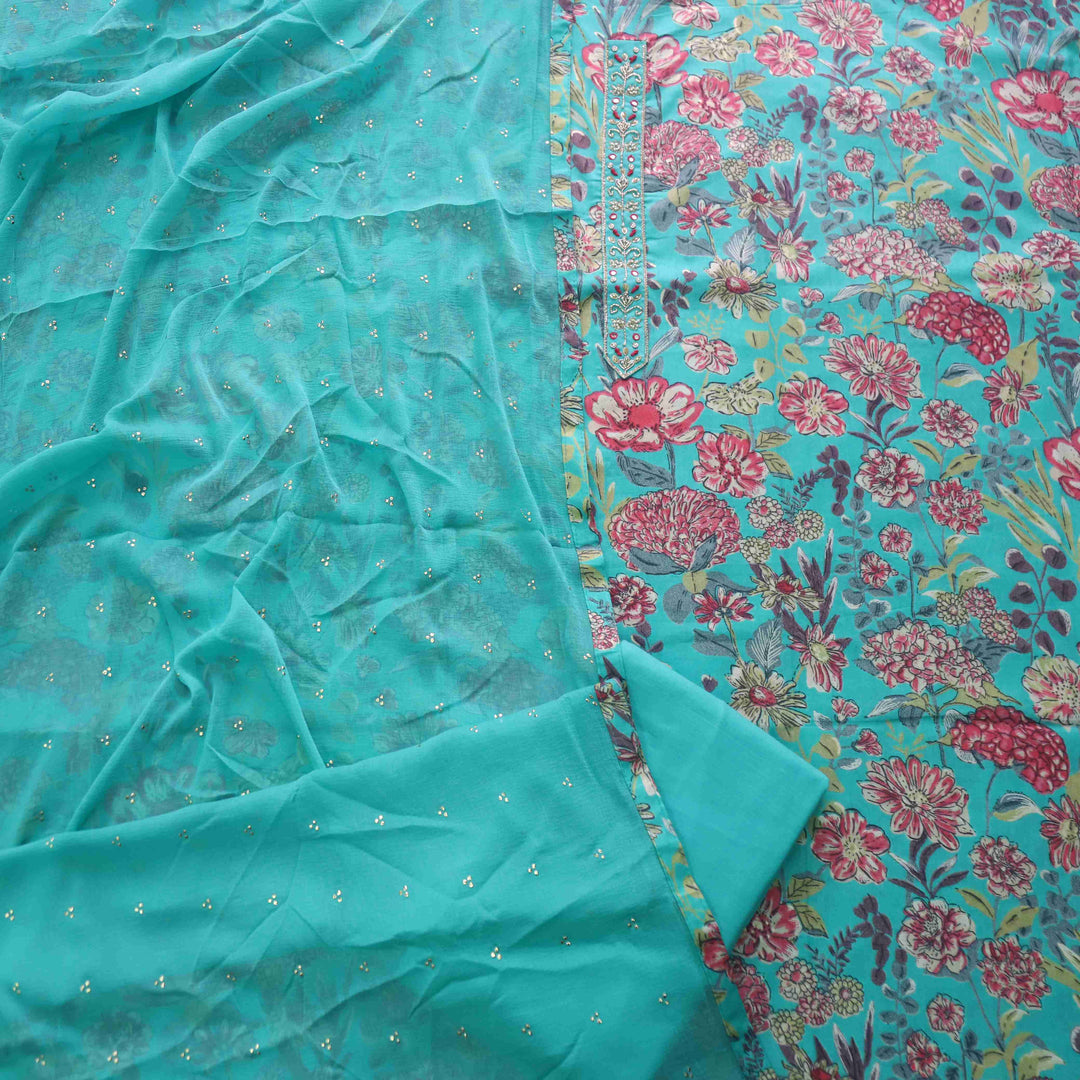 Guzaarish Aqua Blue Patch Work Neck Floral Printed Cotton Suit Set