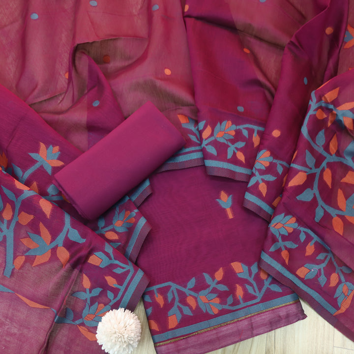 Surya Blueberry Purple Authentic Floral Jamdani Weaved Suit Set