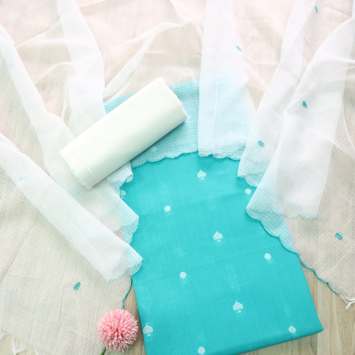 Madhubala Turquoise Blue Thread Weaved Handloom Cotton Suit Set