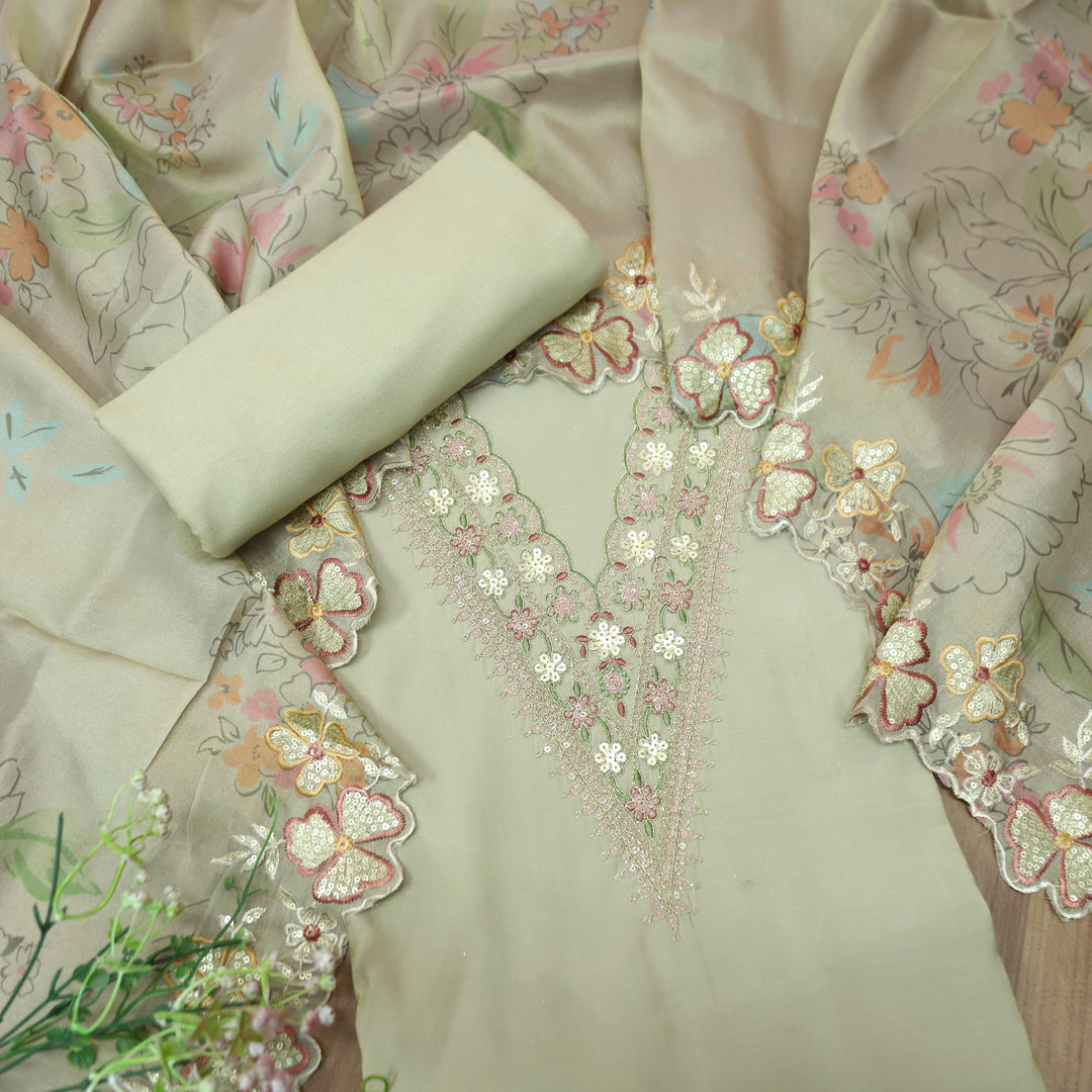 Patrani Tan Beige V Embellished Neckline with Cut Work Hem Modal Suit Set