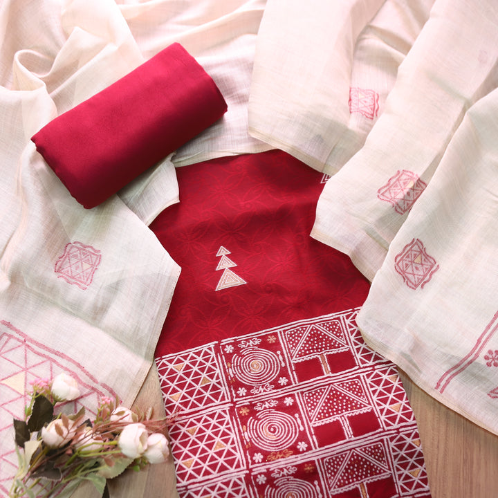 Jannat Maroon Red All Over Self Weaved Work in Authentic Jamdani Chanderi Set