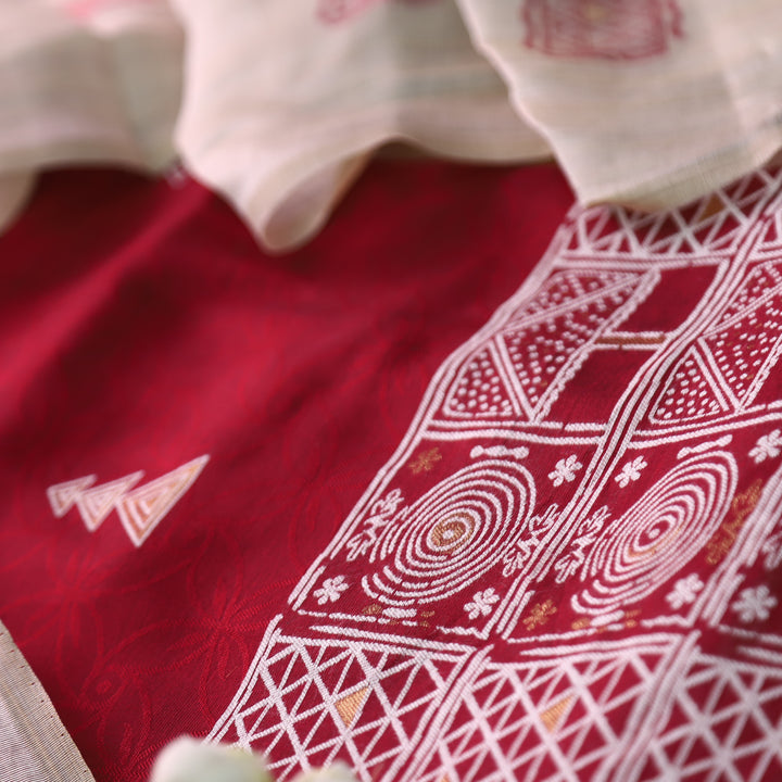 Jannat Maroon Red All Over Self Weaved Work in Authentic Jamdani Chanderi Set