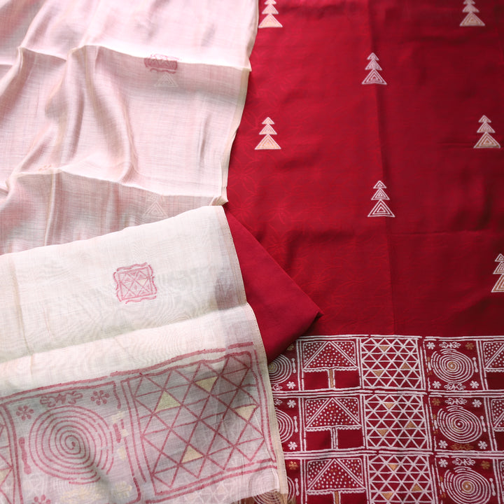 Jannat Maroon Red All Over Self Weaved Work in Authentic Jamdani Chanderi Set