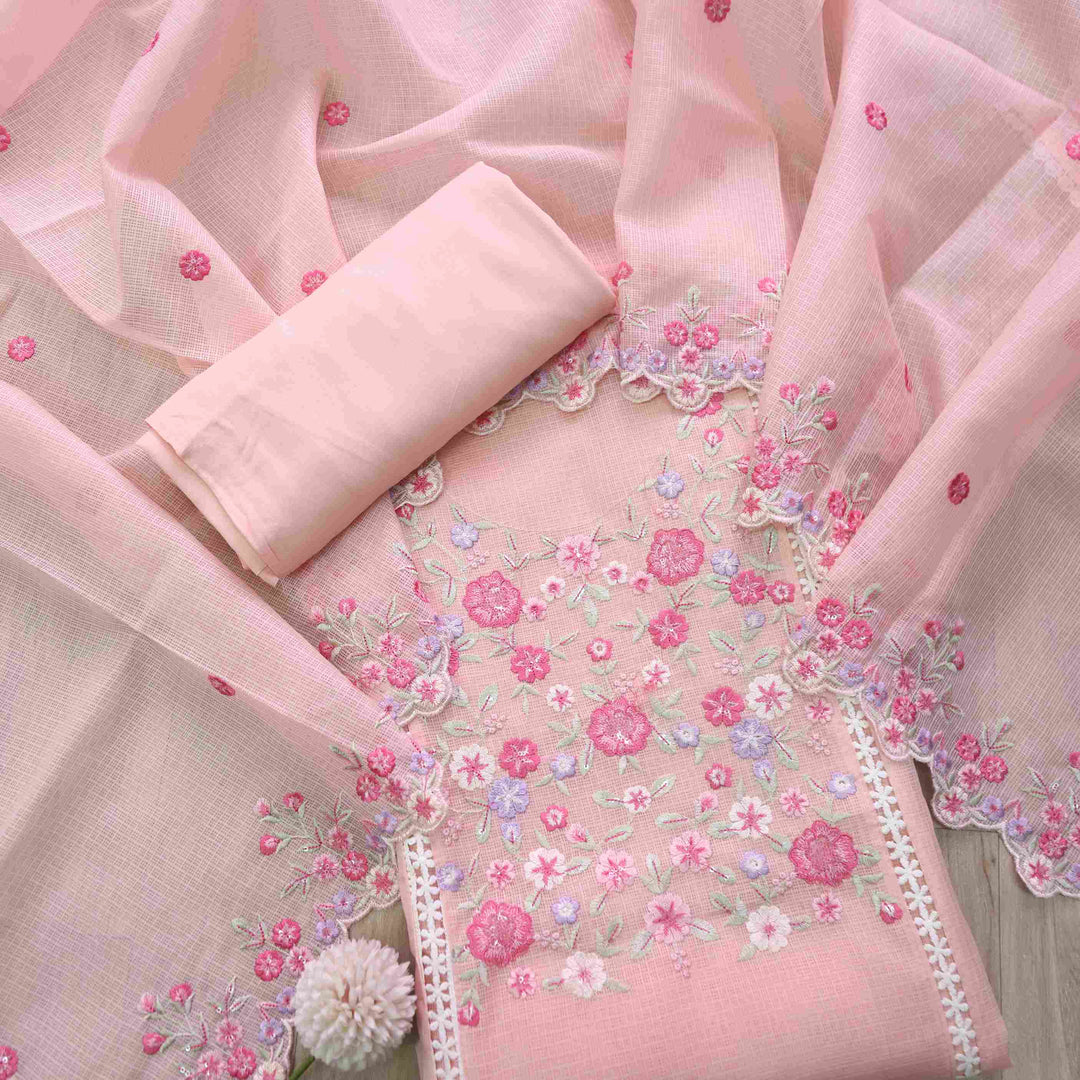 Subhangi Blush Peach Thread Embroidered Neck Work Kota Doriya suit Set