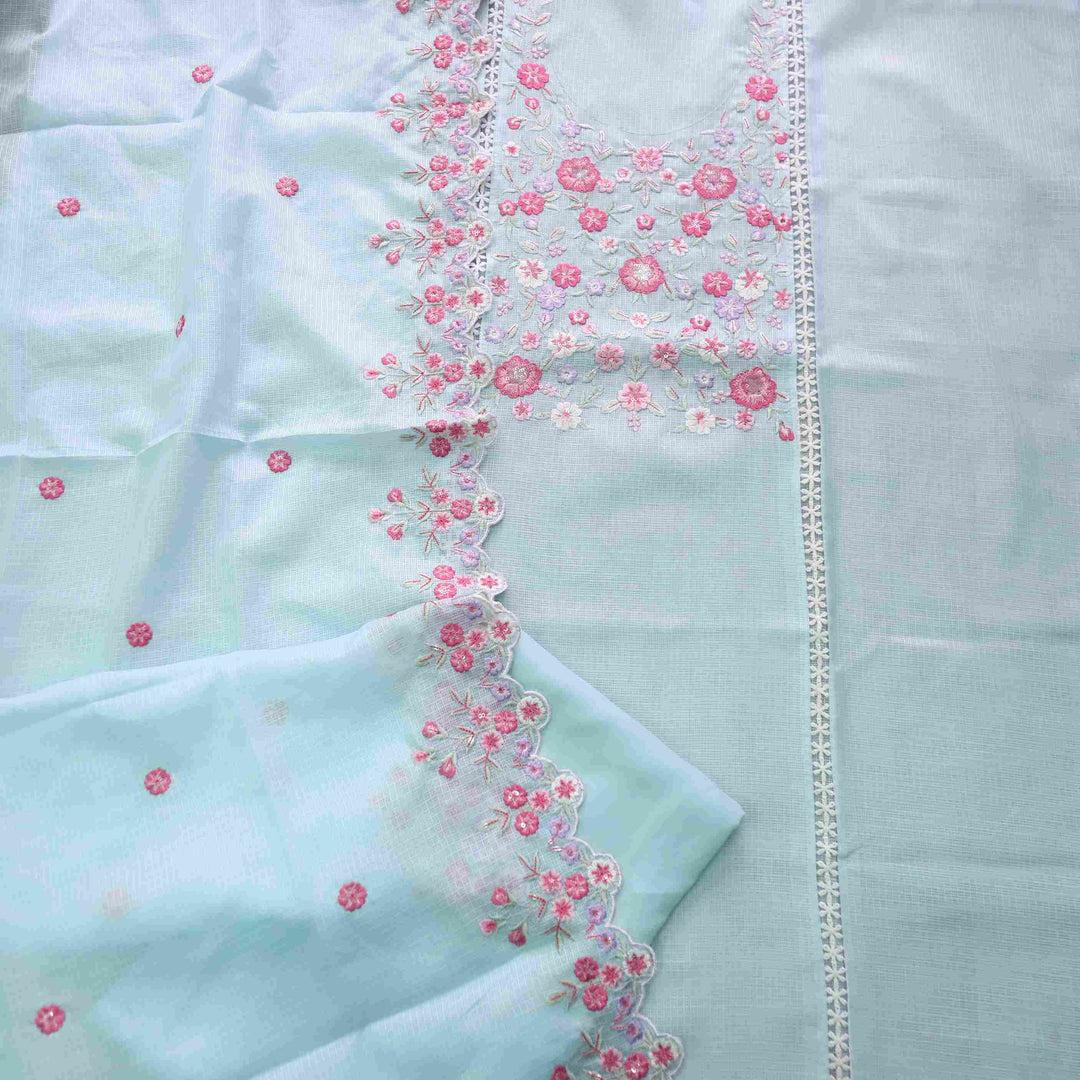 Subhangi Aqua Blue Thread Embroidered Neck Work Kota Doriya suit Set