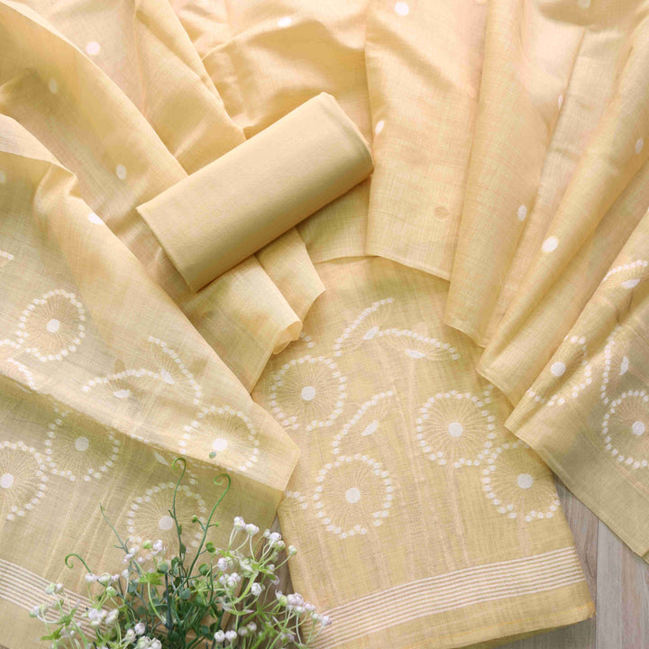 Rubaroo Golden Beige All Over Floral Style Zari Weaved Jamdani Suit Set