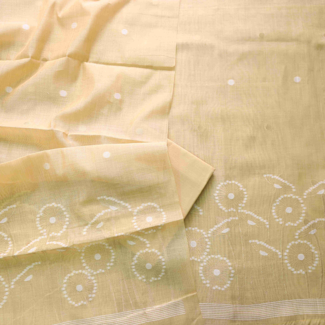Rubaroo Golden Beige All Over Floral Style Zari Weaved Jamdani Suit Set