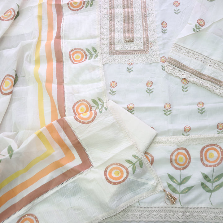 Lahori Cream White Lace Work Printed Pakistani Inspired Cotton Suit Set-D5