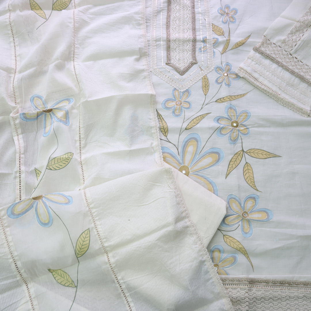 Lahori Cream White Lace Work Printed Pakistani Inspired Cotton Suit Set-D2