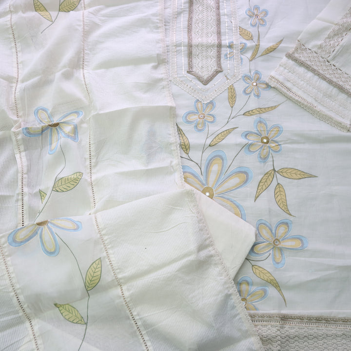 Lahori Cream White Lace Work Printed Pakistani Inspired Cotton Suit Set-D2