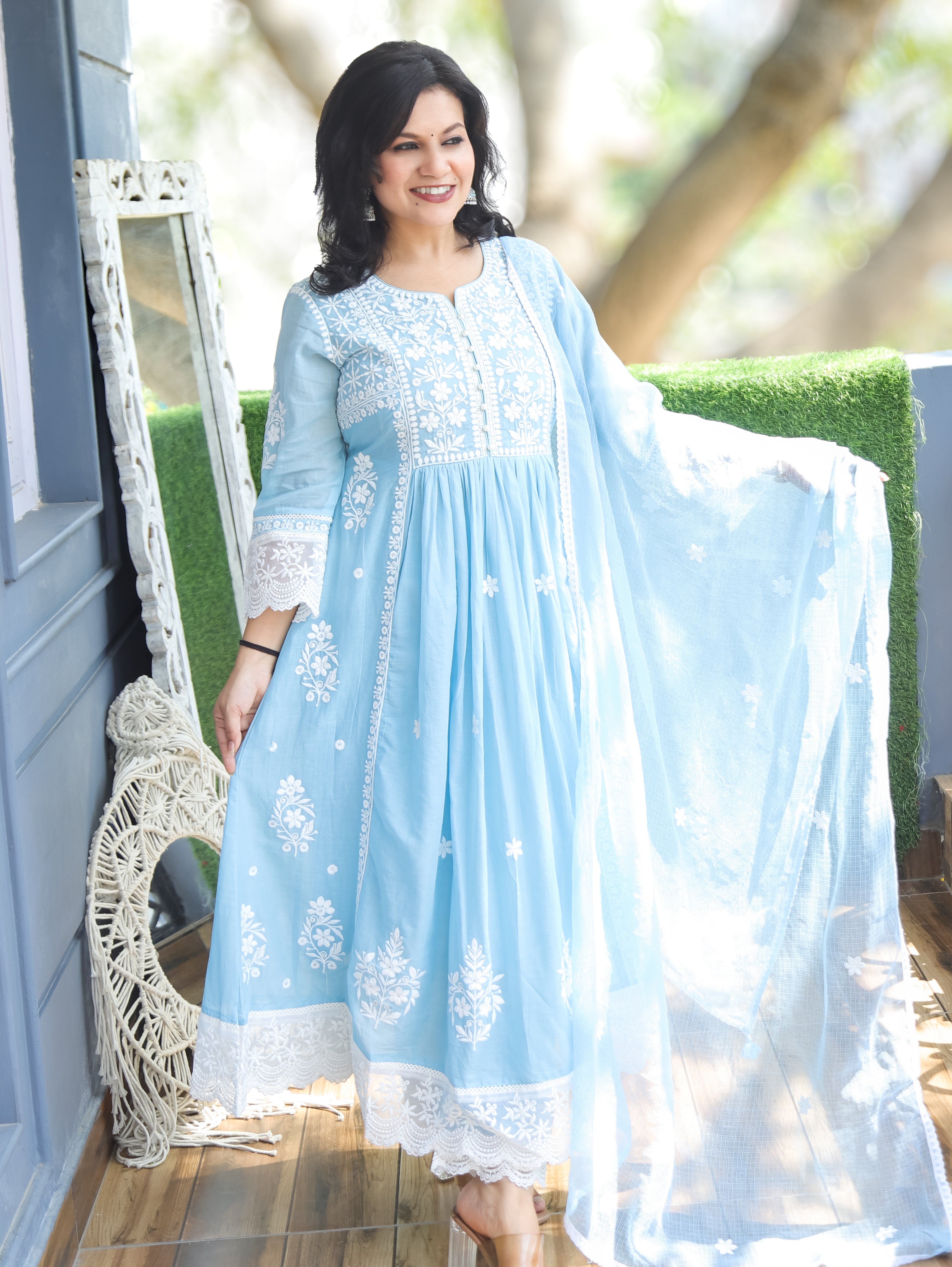 Noor Ice Blue Anarkali Mul Cotton 3 Piece Set  Desisandook Enterprises  Private Limited