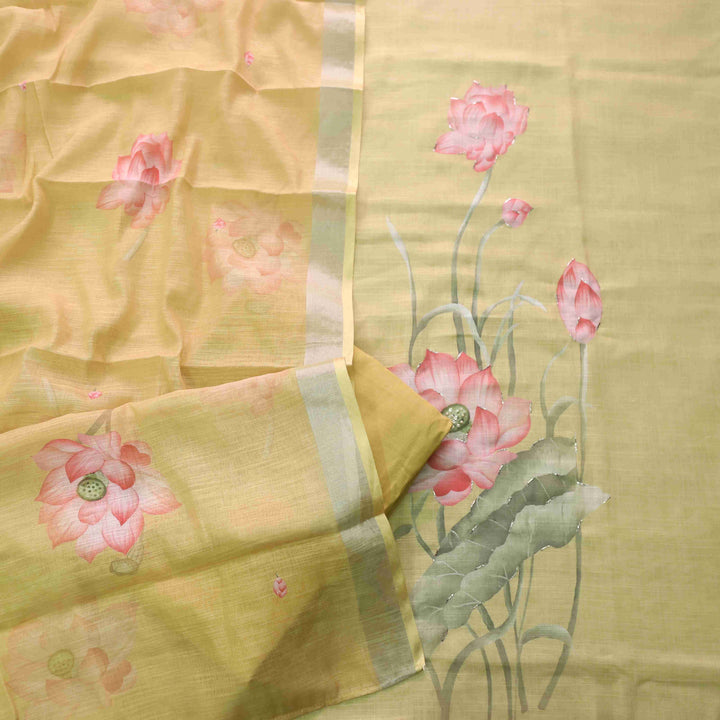 Himayati Butter Yellow Floral Printed with Moti Detailing Cotton linen Suit Set