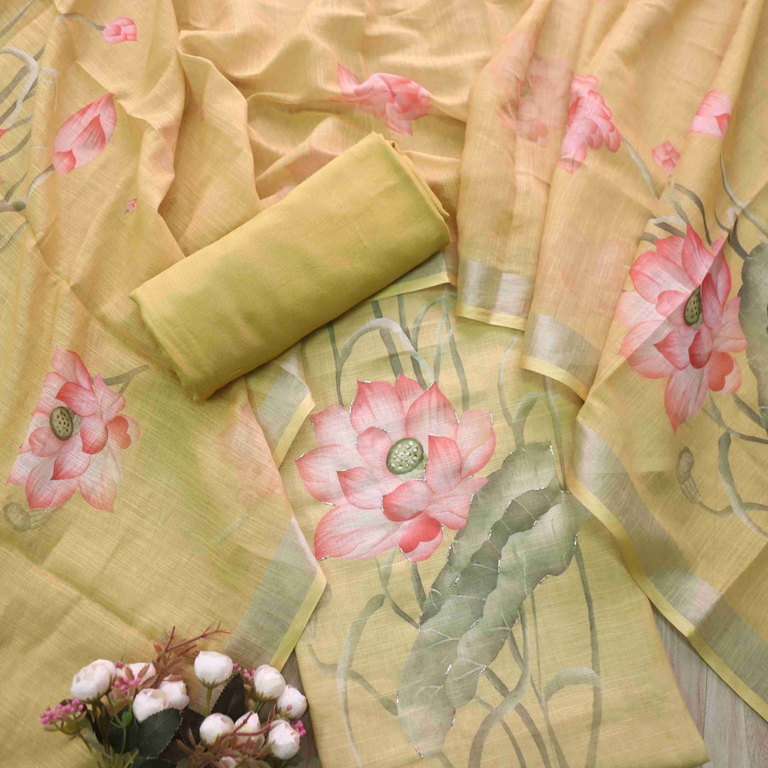 Himayati Butter Yellow Floral Printed with Moti Detailing Cotton linen Suit Set