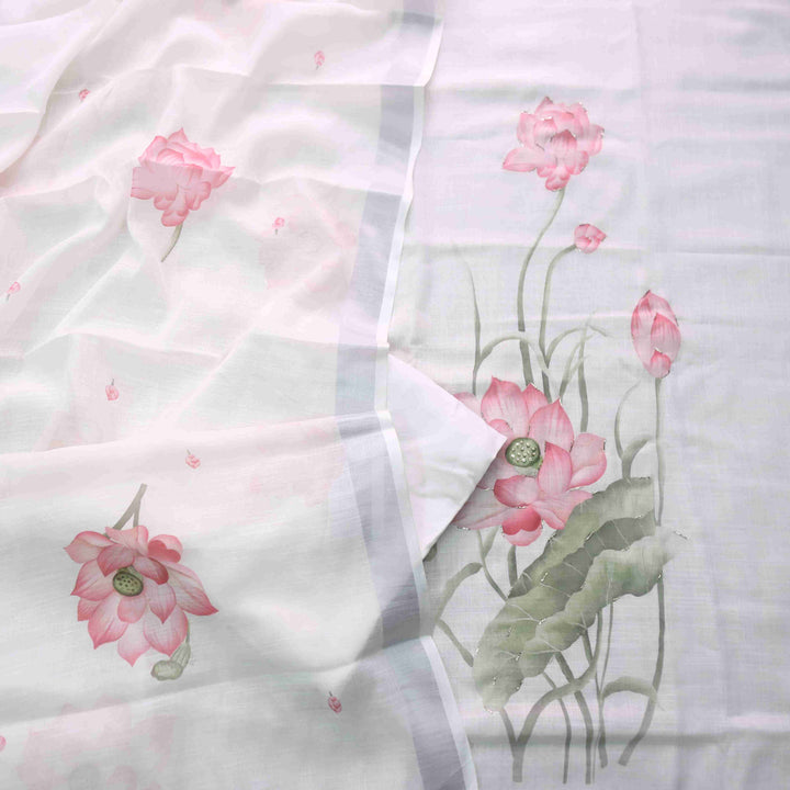 Himayati Pearl White Floral Printed with Moti Detailing Cotton linen Suit Set