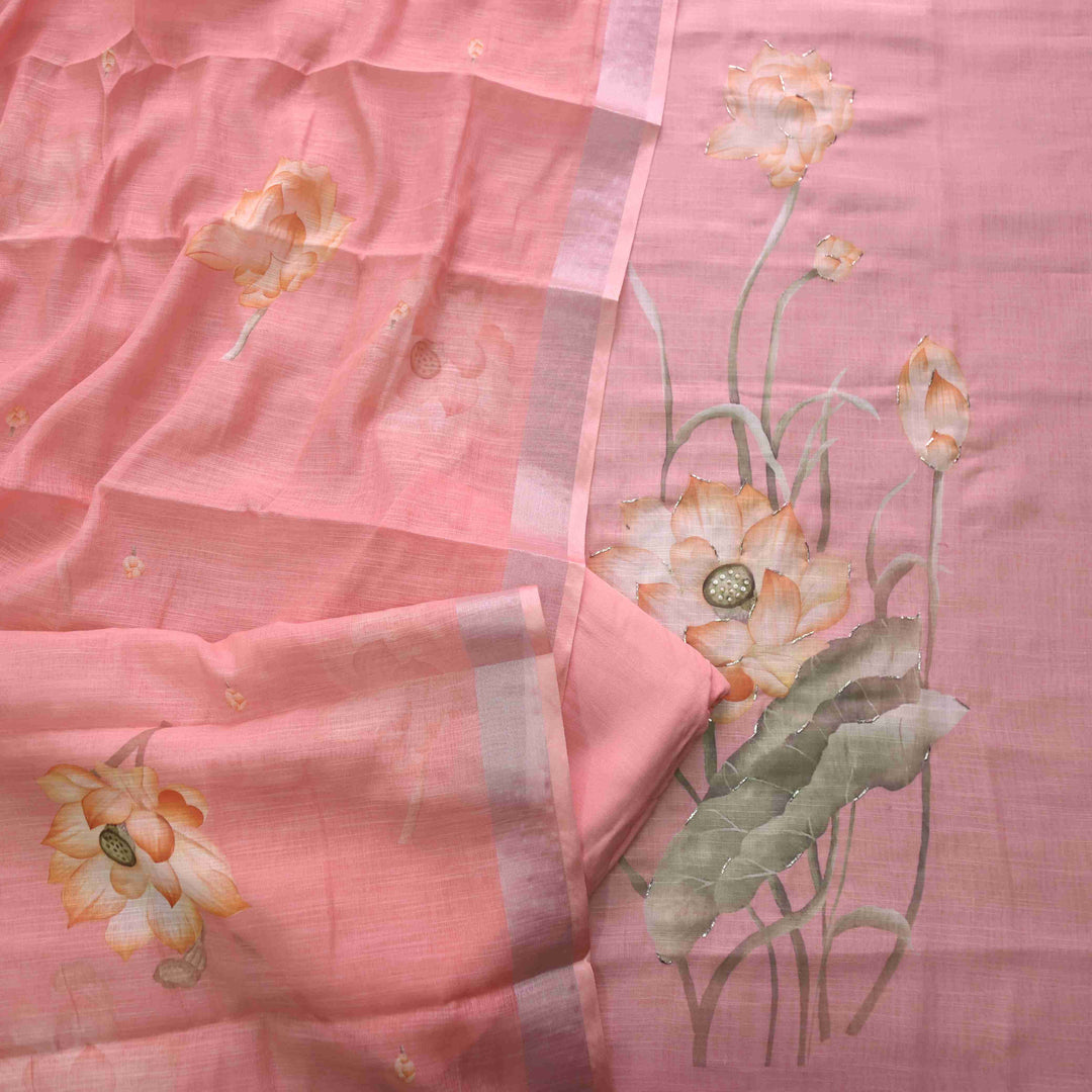 Himayati Rose Pink Floral Printed with Moti Detailing Cotton linen Suit Set