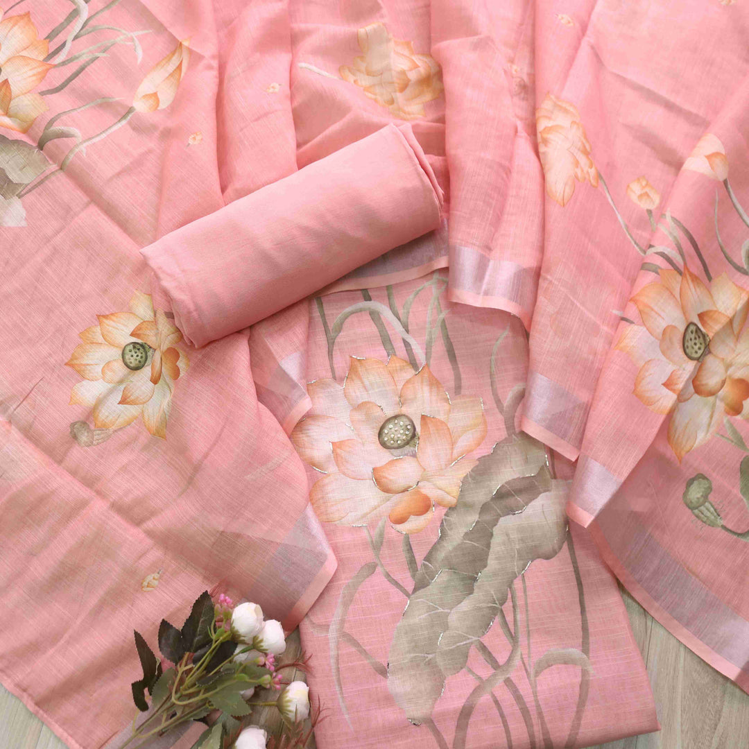 Himayati Rose Pink Floral Printed with Moti Detailing Cotton linen Suit Set