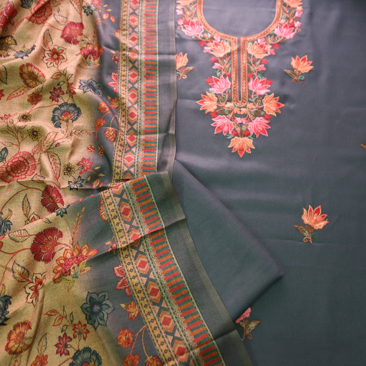 सुनहरी Slate Grey Perfectly Woven Kashida Embroidery Semi Pashmina Winter Set