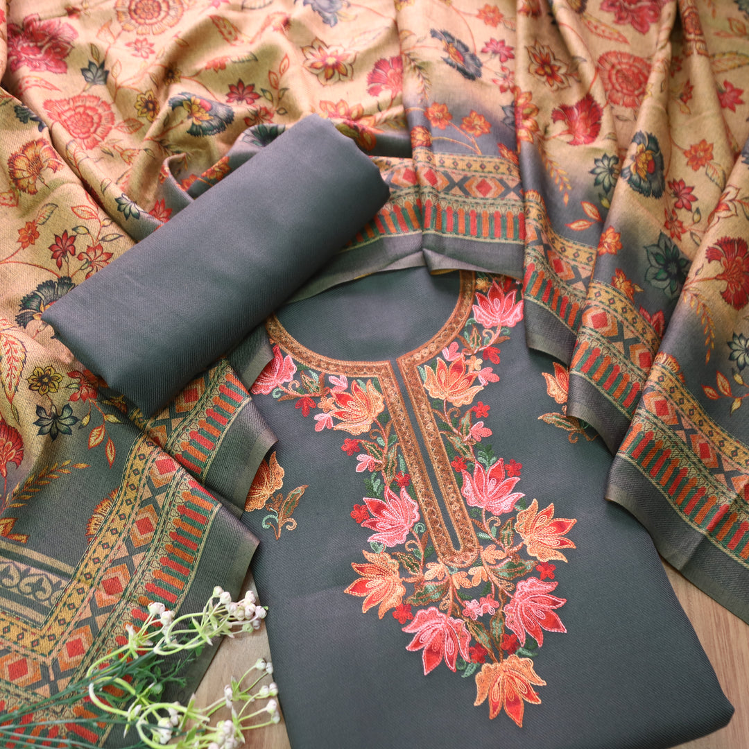 सुनहरी Slate Grey Perfectly Woven Kashida Embroidery Semi Pashmina Winter Set