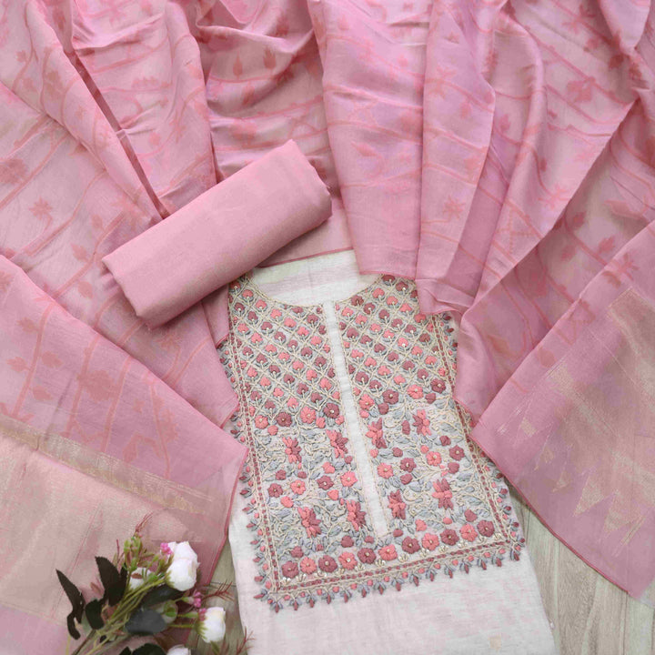 Rabiya Blush Pink Thread Embroidery Neck Work Jamdani Suit Set