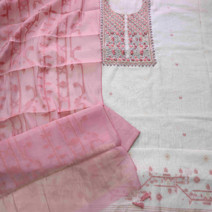 Rabiya Blush Pink Thread Embroidery Neck Work Jamdani Suit Set