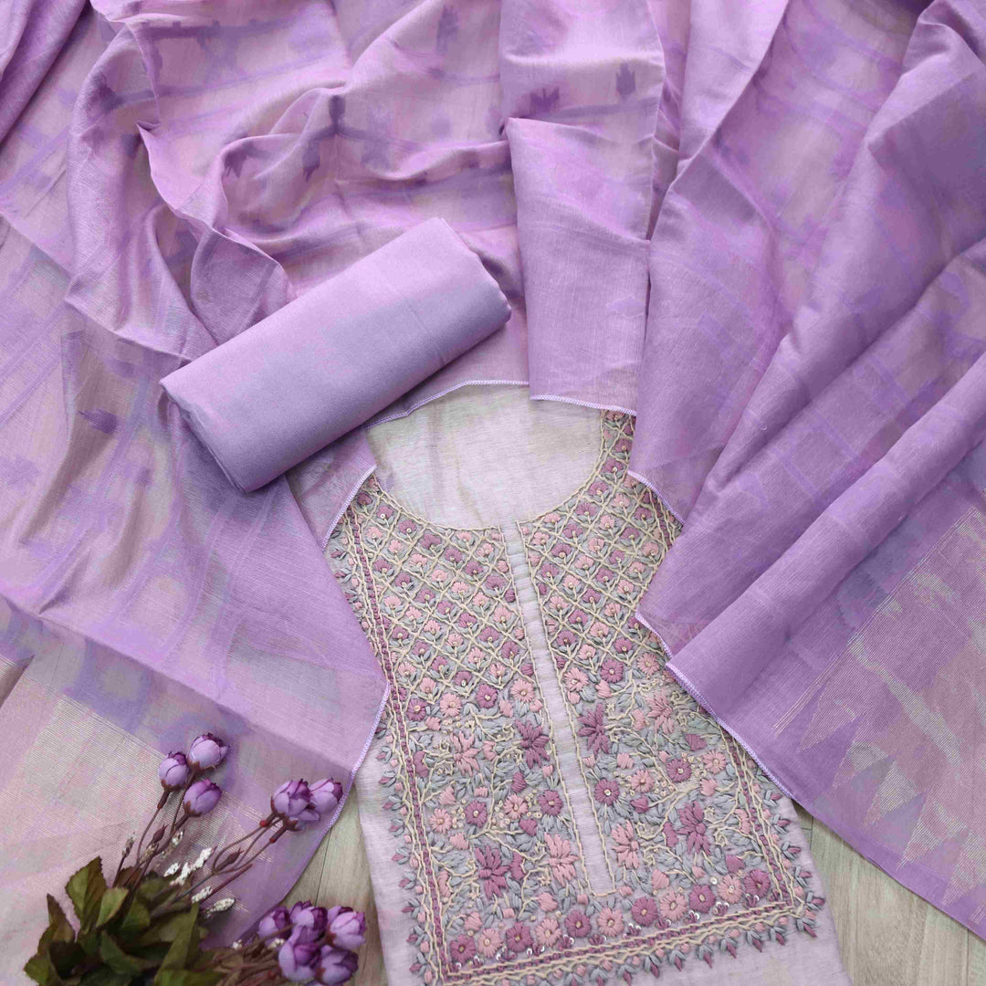Rabiya Plum Lavender Thread Embroidery Neck Work Jamdani Suit Set