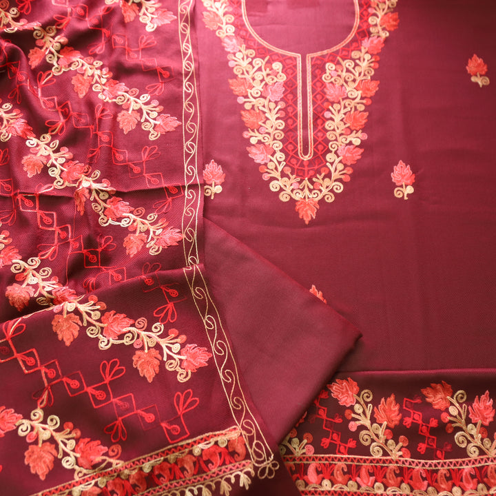 दामन Burgundy Red Woven with Kashida Embroidery Semi Pashmina Winter Set