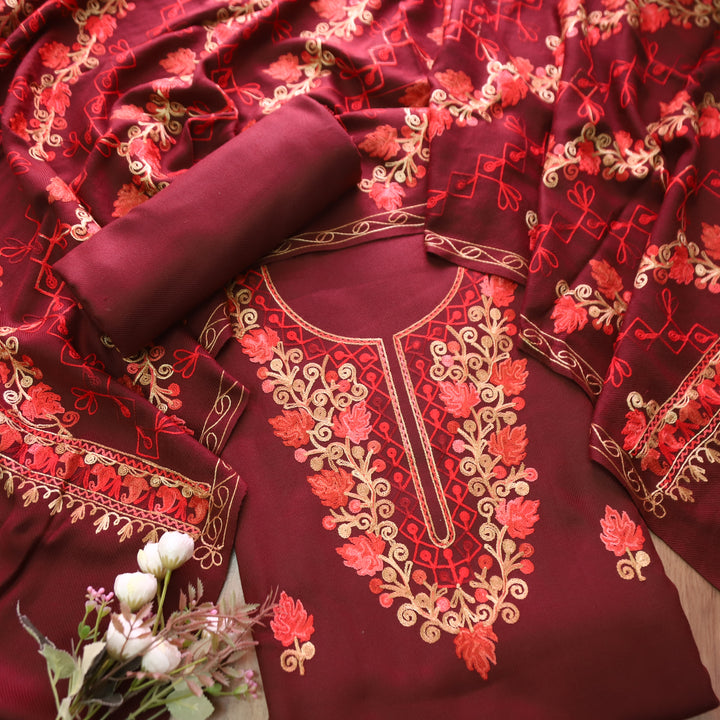दामन Burgundy Red Woven with Kashida Embroidery Semi Pashmina Winter Set