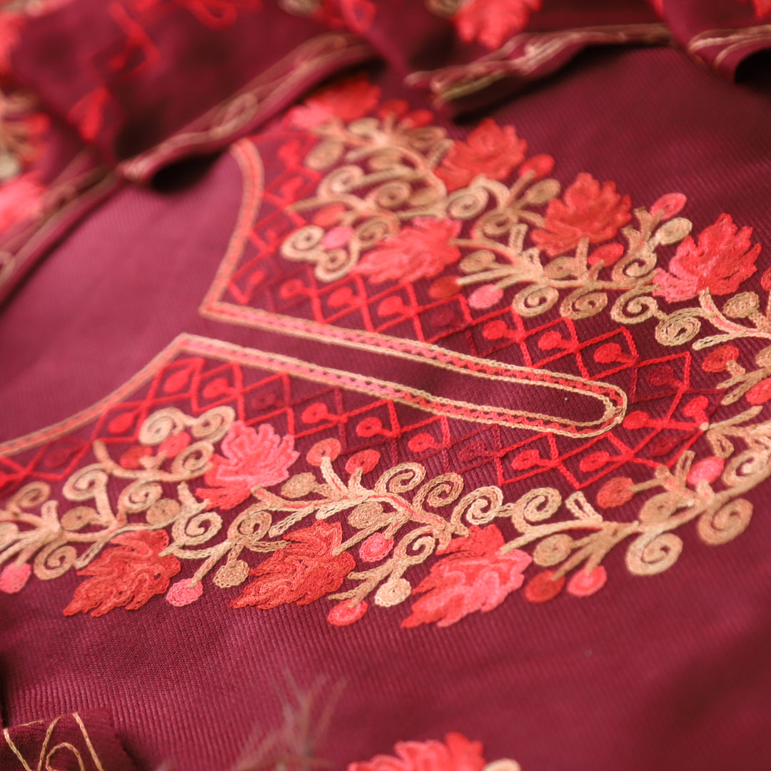 दामन Burgundy Red Woven with Kashida Embroidery Semi Pashmina Winter Set