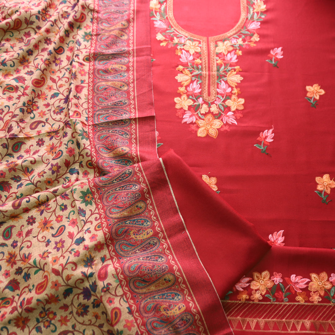 परमसखी Berry Red Defined with Kashida Embroidery Work Semi Pashmina Winter Set