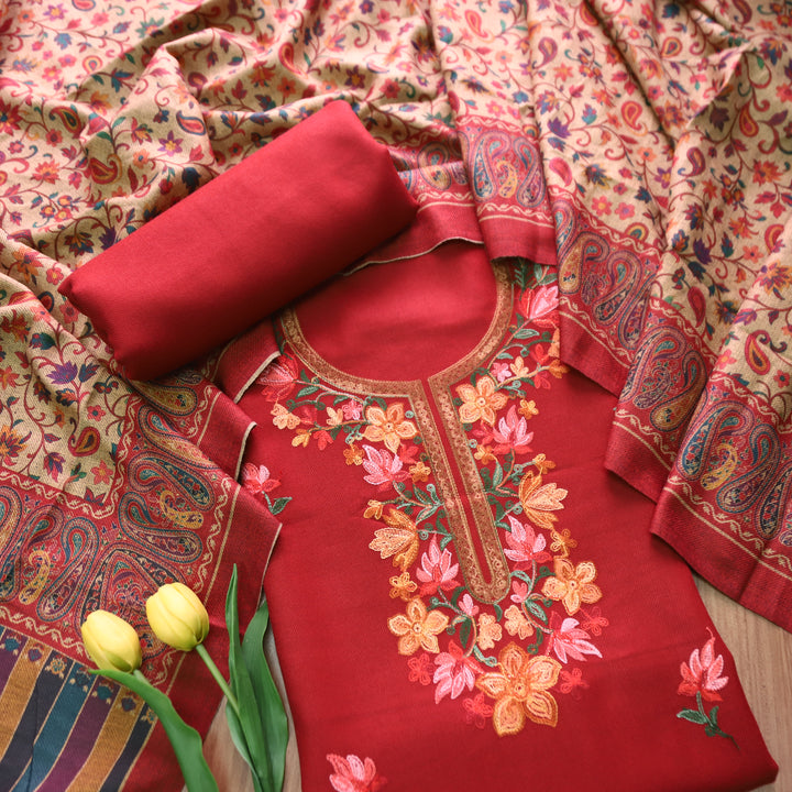परमसखी Berry Red Defined with Kashida Embroidery Work Semi Pashmina Winter Set