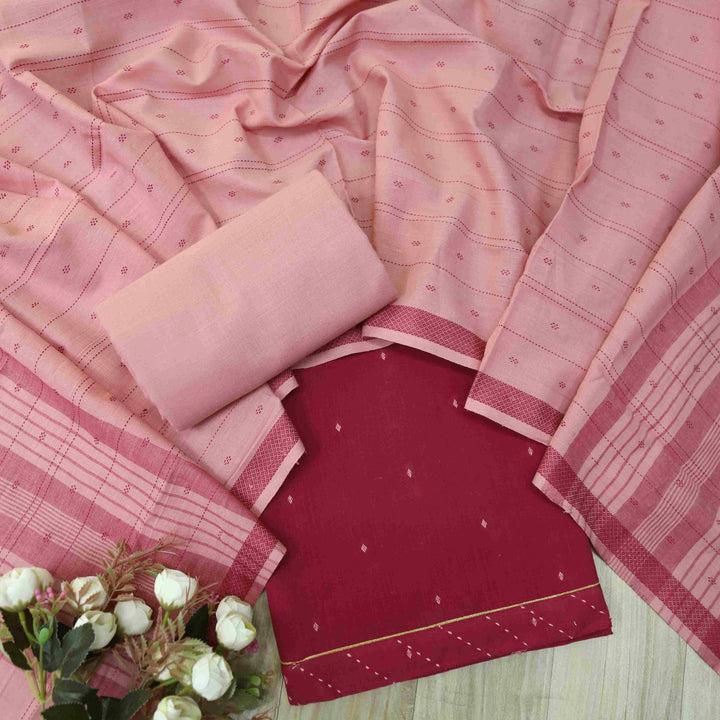 Madhubala Ruby Bold Red Thread Weaved Handloom Cotton Suit Set
