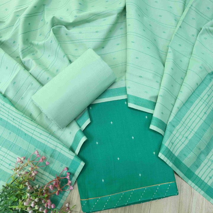 Madhubala Caterpillar Green Thread Weaved Handloom Cotton Suit Set