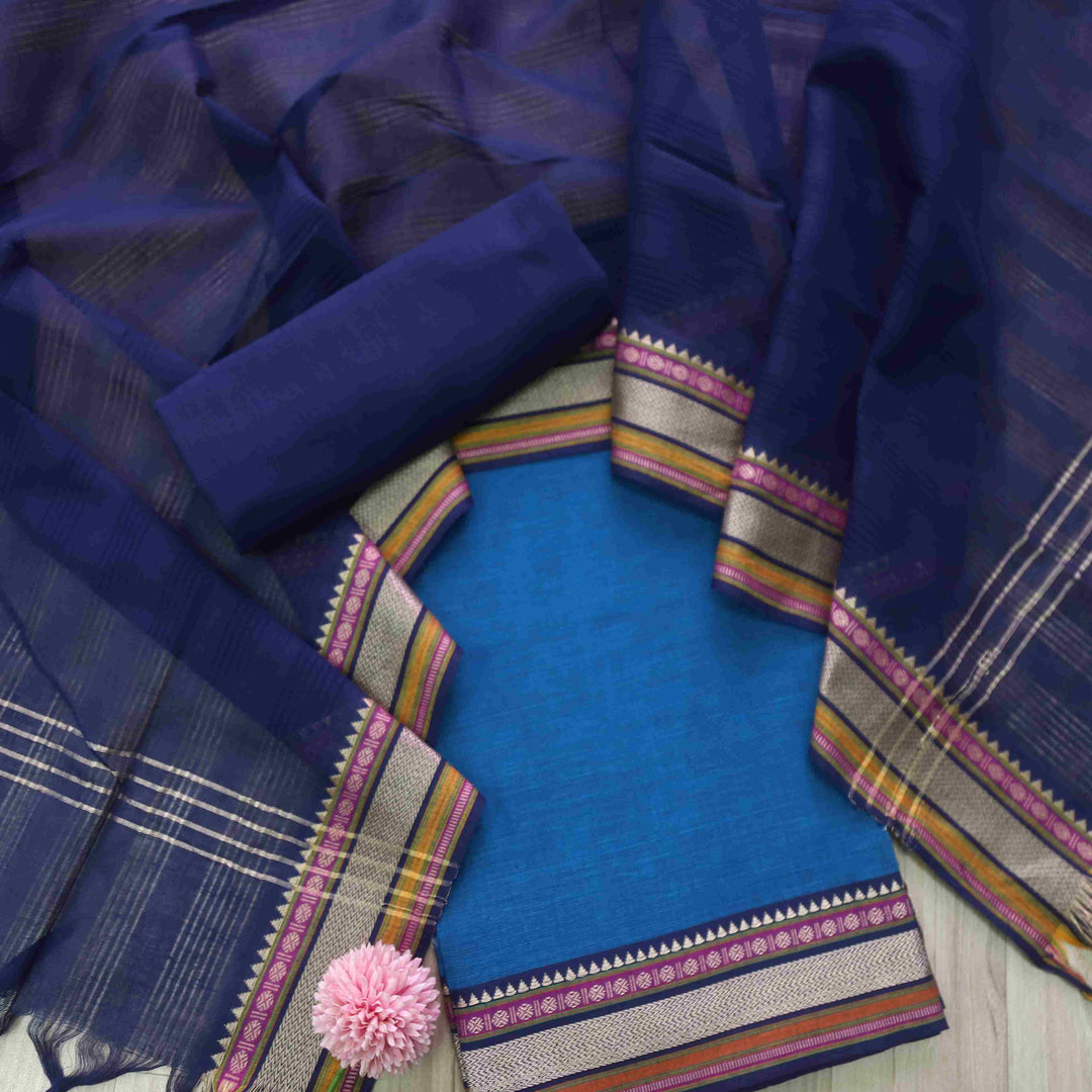 Sanskruti Sapphire with Denim Blue Dupatta South Cotton Temple Hem Suit Set