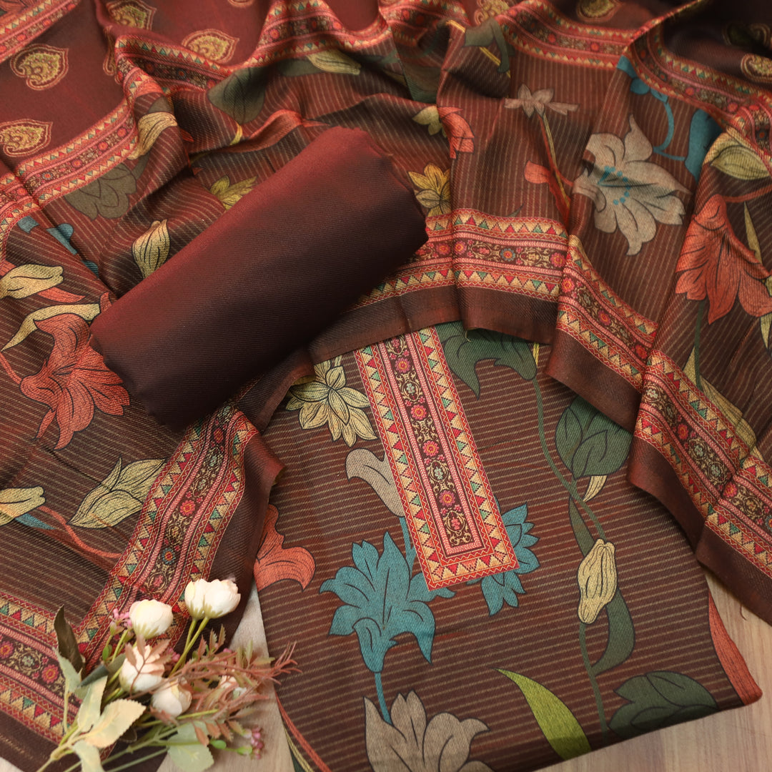 आस्था Chocolate Brown Enriched with Digital Floral Printed Semi Pashmina Winter Set
