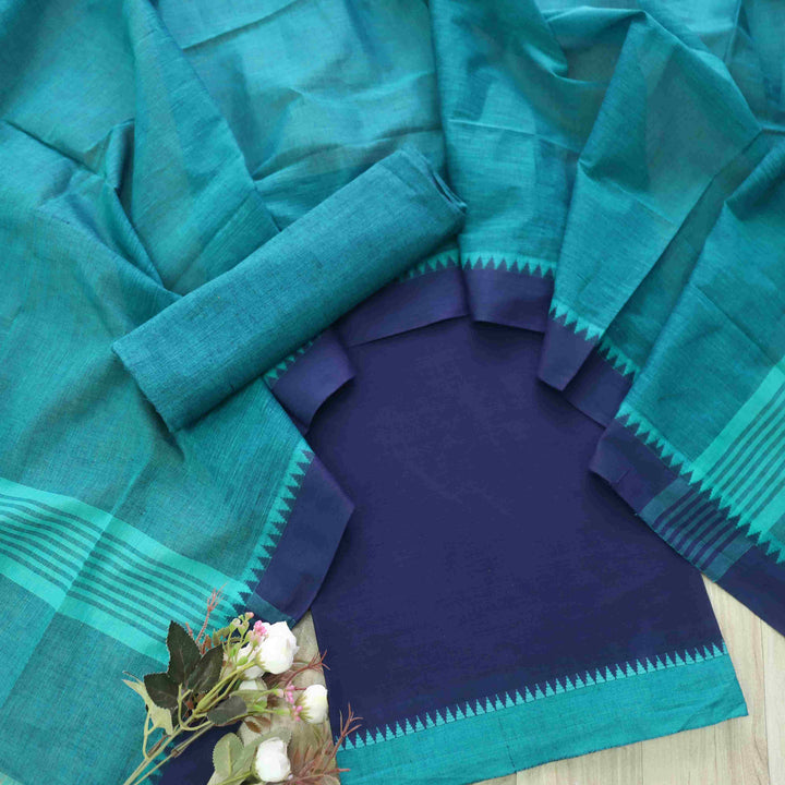 Sanskruti Denim Blue with Teal Temple Hem South Cotton Suit Set
