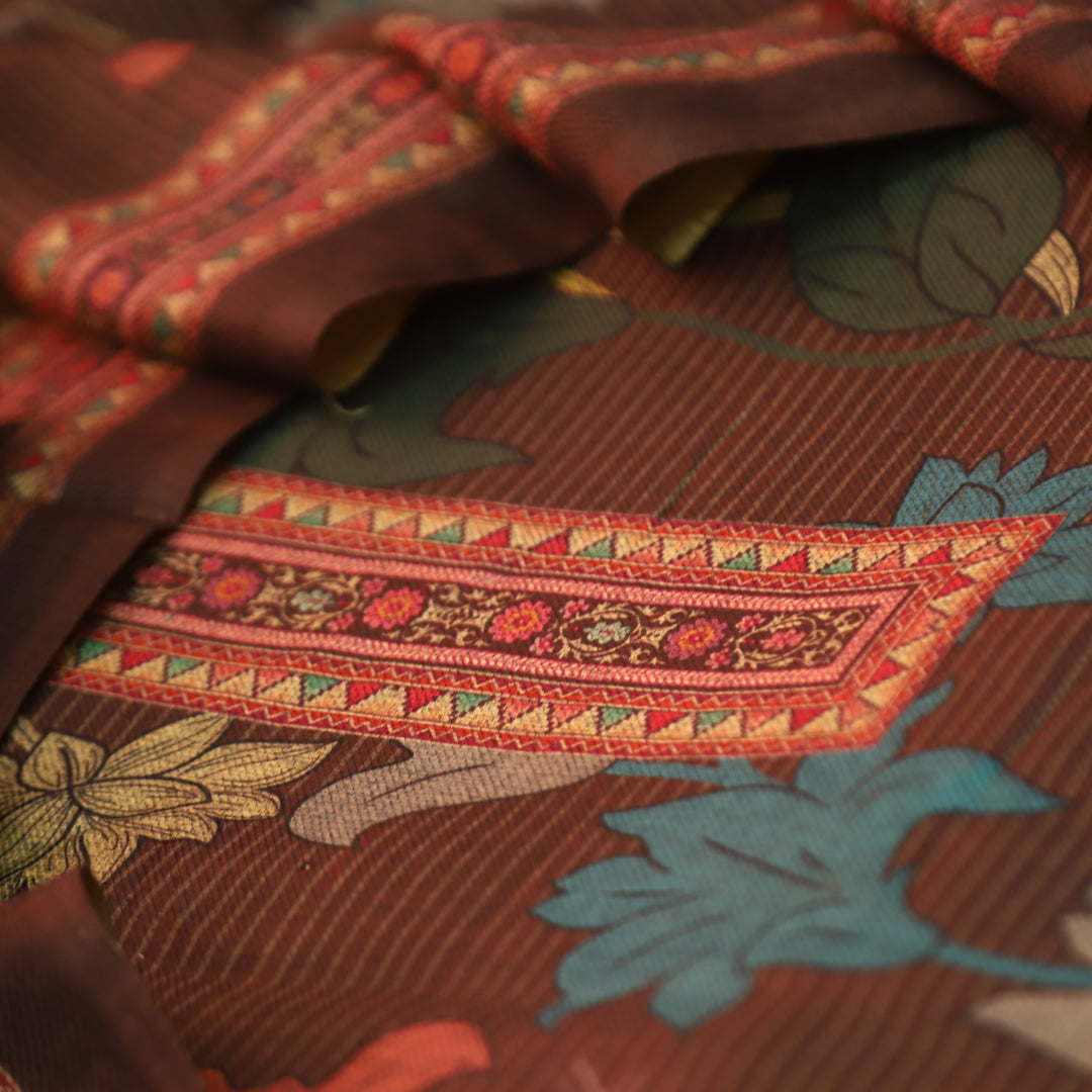 आस्था Chocolate Brown Enriched with Digital Floral Printed Semi Pashmina Winter Set