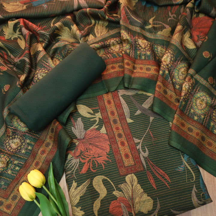 आस्था Sacramento Green Enriched with Digital Floral Printed Semi Pashmina Winter Set