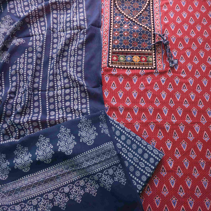 Falak Bold Red Kutch fusion Mirror Work Angrakha Cotton Suit Set