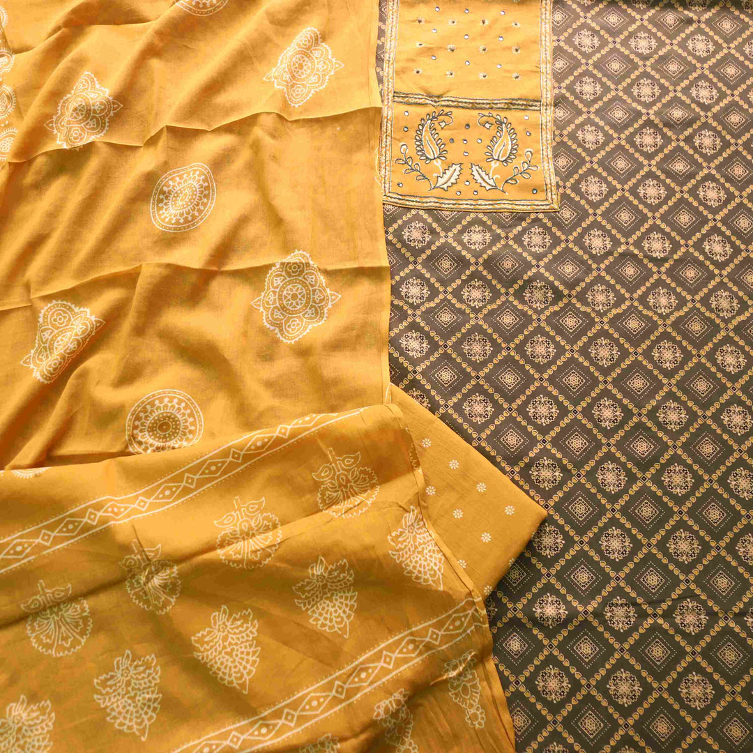 Bayhiss Sage Green Patra Work Ajrak Printed Cotton Suit Set