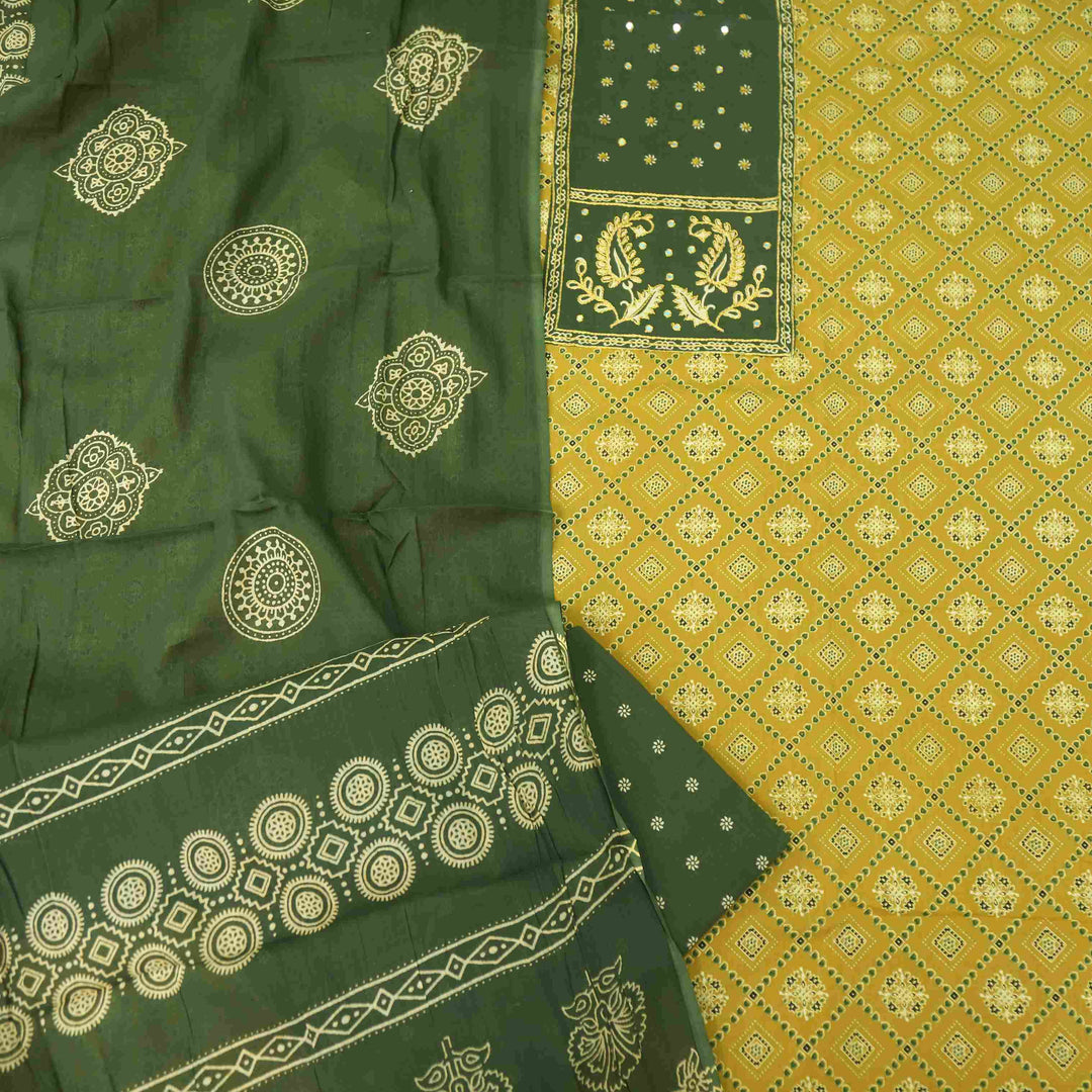Bayhiss Dijon Yellow Patra Work Ajrak Printed Cotton Suit Set