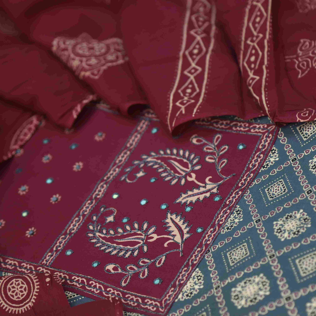 Bayhiss Cerulean Blue Patra Work Ajrak Printed Cotton Suit Set