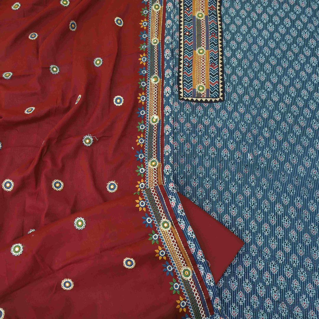 Anokhi Blue Ajrak Print Kantha Cotton Top with Border Hem Dupatta