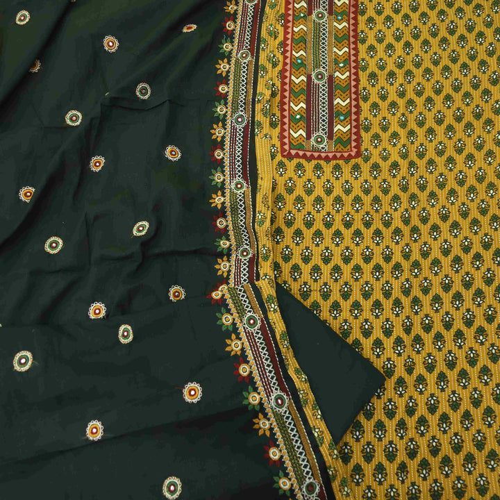 Anokhi Yellow Ajrak Print Kantha Cotton Top with Border Hem Dupatta