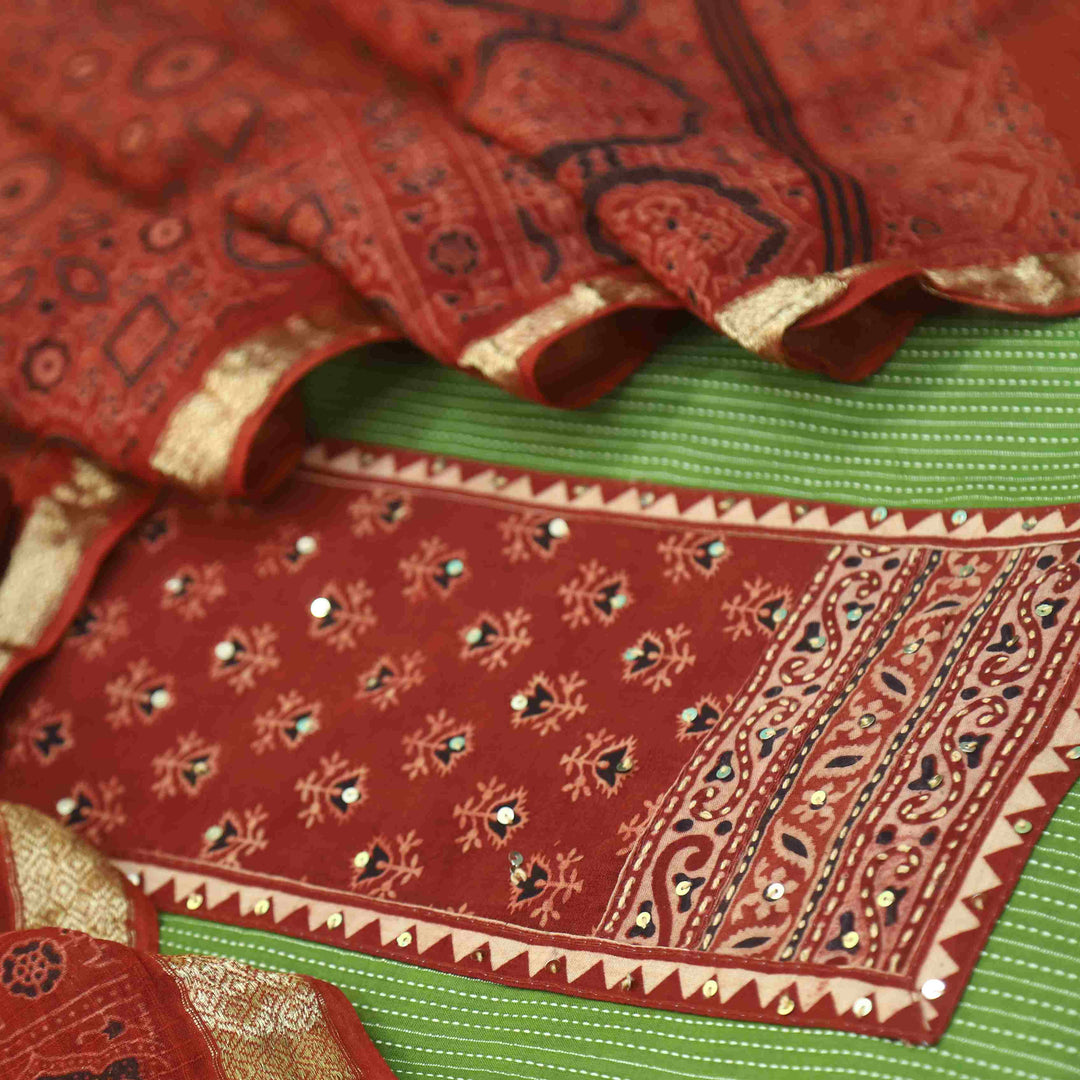Rushna Parrot Green Ajrak Printed Patch with Kantha Cotton Suit Set